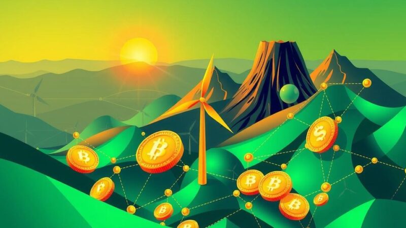 An abstract representation of Bitcoin integration into El Salvador's economy with cryptocurrency elements and volcanic imagery.