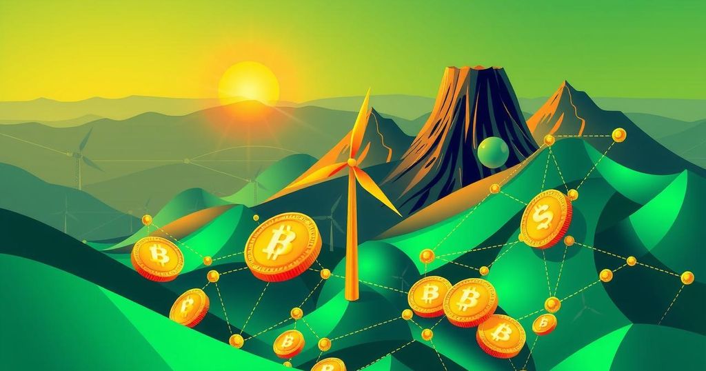 An abstract representation of Bitcoin integration into El Salvador's economy with cryptocurrency elements and volcanic imagery.