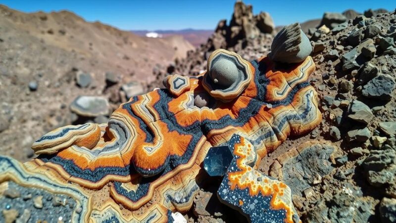 Banded quartz and black sulphides veins showcasing rich gold and silver deposits in a mineral-rich landscape.