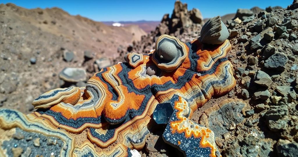 Banded quartz and black sulphides veins showcasing rich gold and silver deposits in a mineral-rich landscape.
