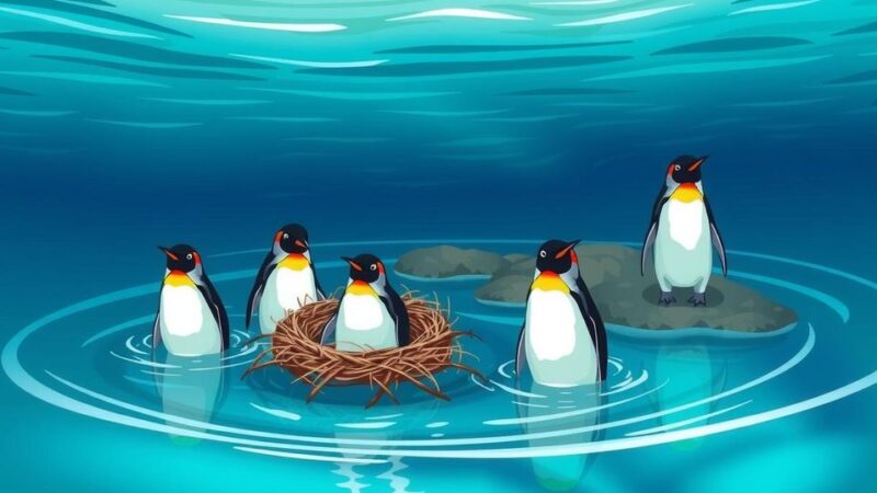 Illustration of no-fishing zones around penguin breeding areas, highlighting ocean conservation efforts.