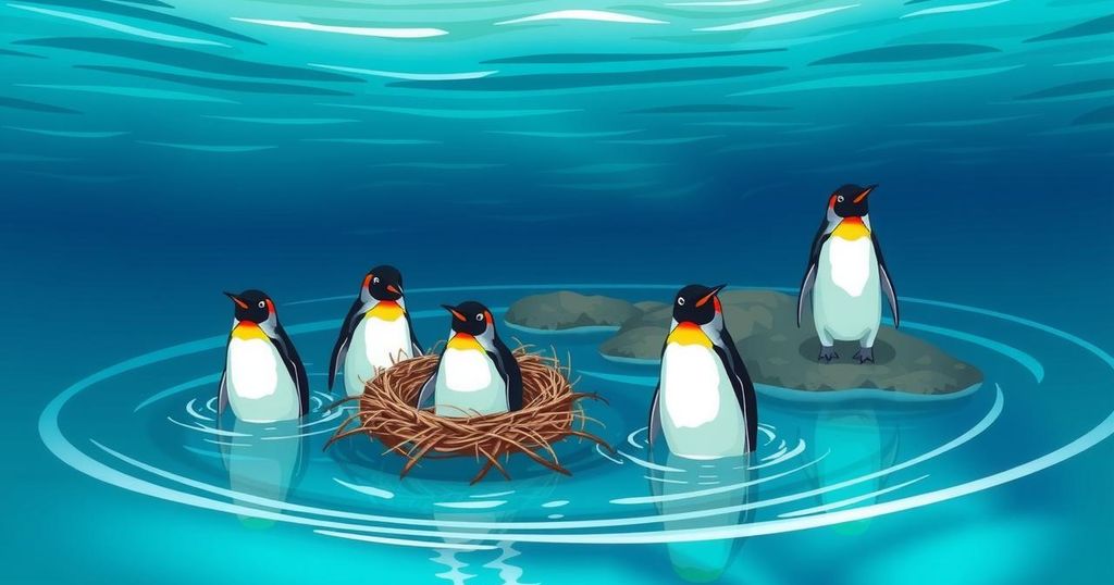 Illustration of no-fishing zones around penguin breeding areas, highlighting ocean conservation efforts.