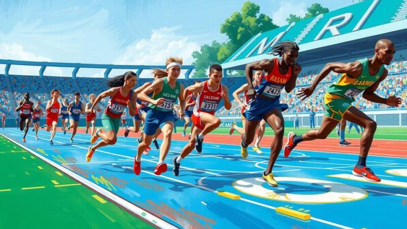 NCAA Championship track and field scene with student-athletes in action, vibrant colors showcasing athleticism and spirit.