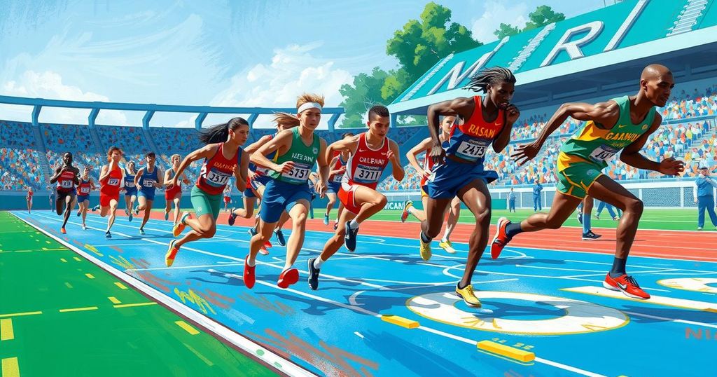 NCAA Championship track and field scene with student-athletes in action, vibrant colors showcasing athleticism and spirit.