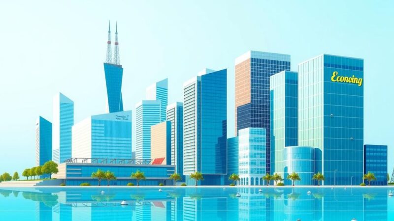 A modern skyline with buildings representing economic growth and a simplified tax system, in vibrant blue and green hues.