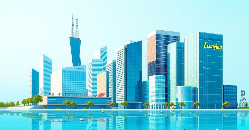 A modern skyline with buildings representing economic growth and a simplified tax system, in vibrant blue and green hues.