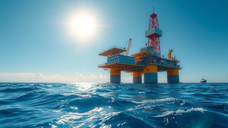 An oil exploration rig overlooking vast waters, symbolizing Petrobras' expansion into Africa with a blue color scheme.