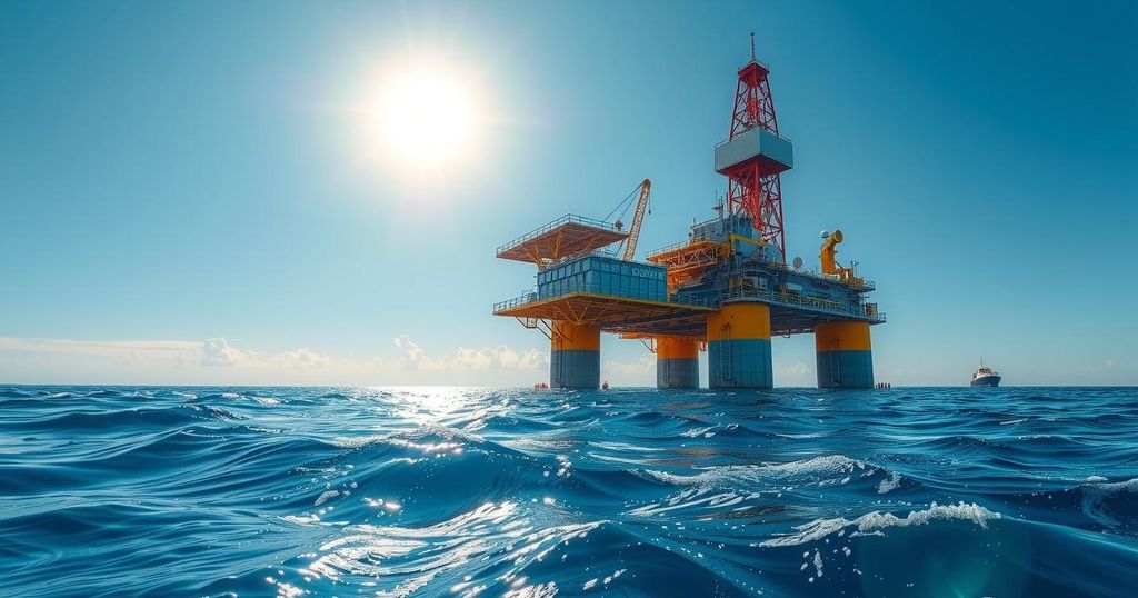 An oil exploration rig overlooking vast waters, symbolizing Petrobras' expansion into Africa with a blue color scheme.