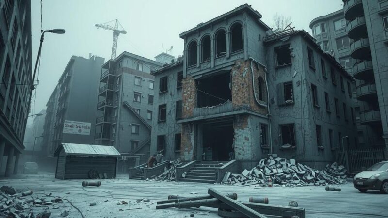 A desolated urban landscape showcasing a destroyed building, symbolizing conflict and the need for peace.