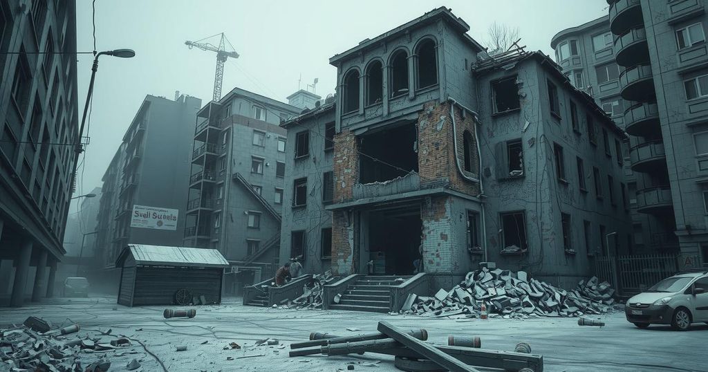 A desolated urban landscape showcasing a destroyed building, symbolizing conflict and the need for peace.