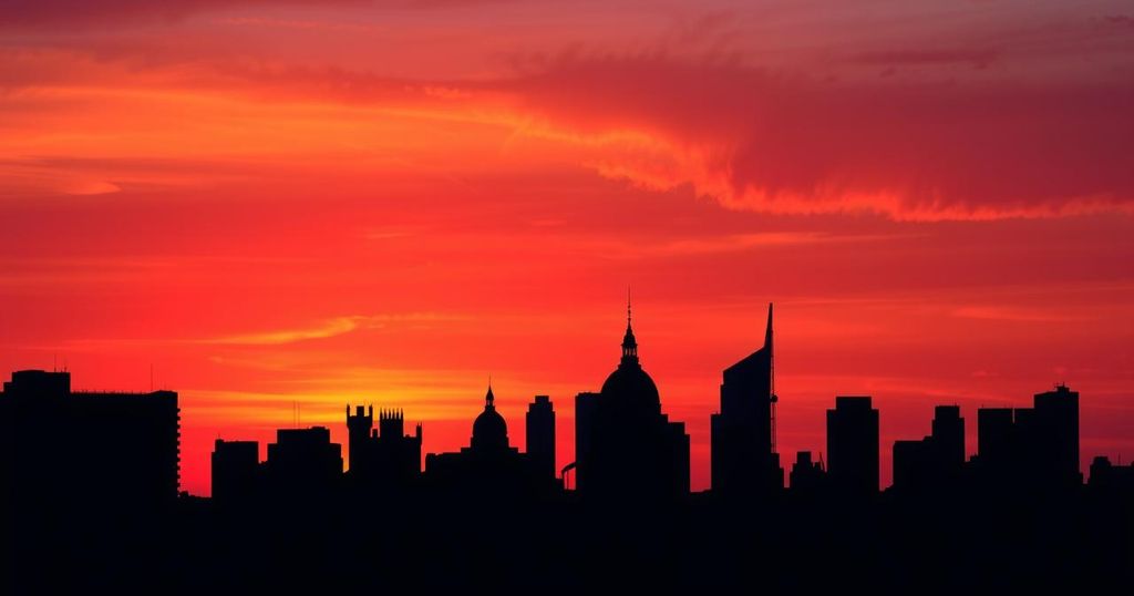 Silhouetted cityscape with diverse architectural styles under a sunset sky, reflecting diplomacy and global discussions.