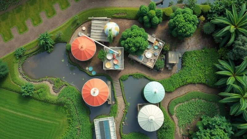 Aerial view of rural landscape with inadequate water sanitation infrastructure and greenery highlighting public health concerns
