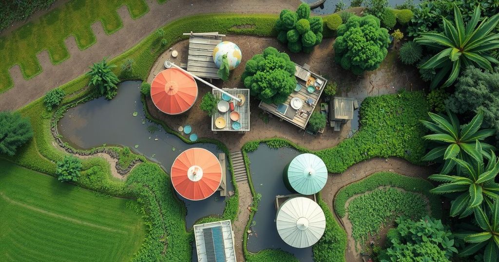 Aerial view of rural landscape with inadequate water sanitation infrastructure and greenery highlighting public health concerns