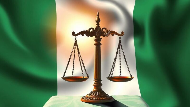 A symbolic representation of democracy featuring a broken scale, rising sun, and the colors of Nigeria's flag.