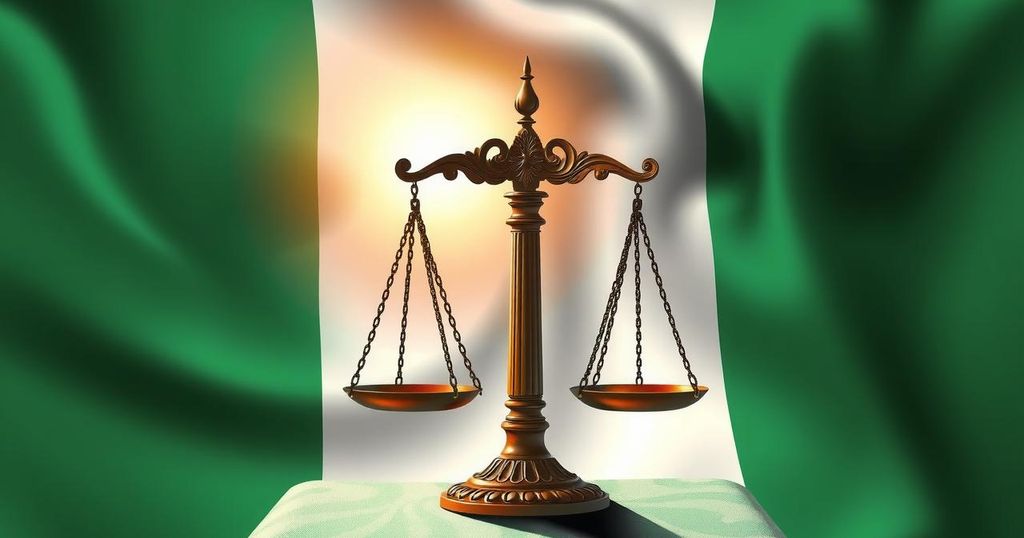 A symbolic representation of democracy featuring a broken scale, rising sun, and the colors of Nigeria's flag.