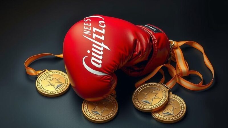 A thoughtful memorial scene with a boxing glove resting on a dark background surrounded by gold medals.