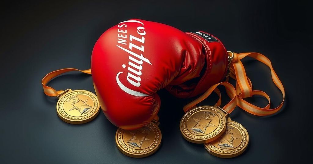 A thoughtful memorial scene with a boxing glove resting on a dark background surrounded by gold medals.