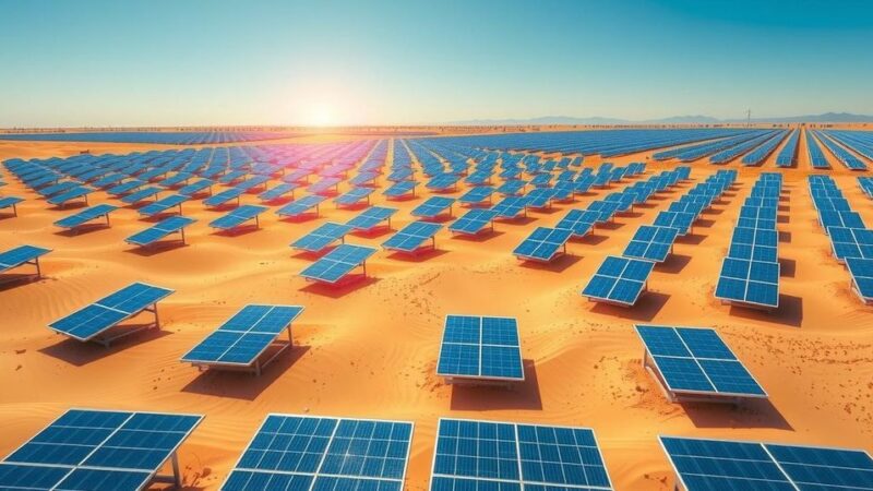 Vast solar farm in a desert landscape under bright sunlight, showcasing renewable energy through photovoltaic panels.