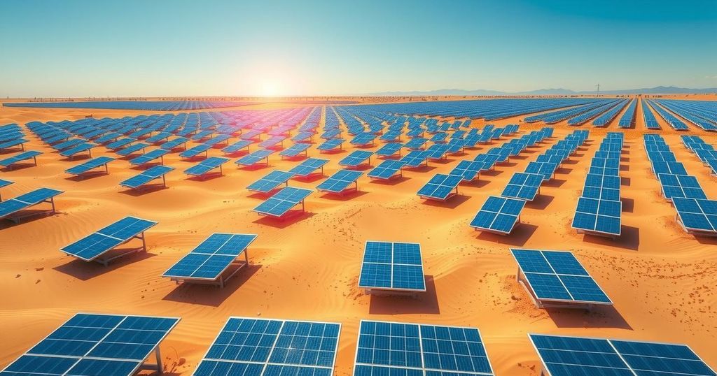 Vast solar farm in a desert landscape under bright sunlight, showcasing renewable energy through photovoltaic panels.