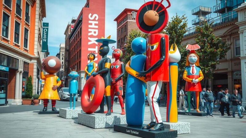 Colorful sculptures enhancing downtown Goshen's vibrant art scene with a lively urban backdrop.