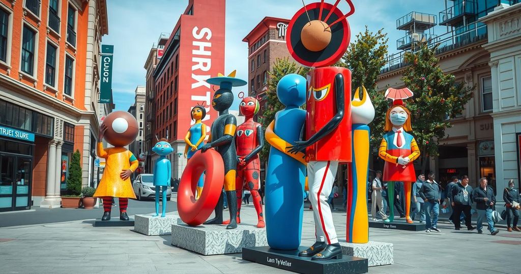 Colorful sculptures enhancing downtown Goshen's vibrant art scene with a lively urban backdrop.