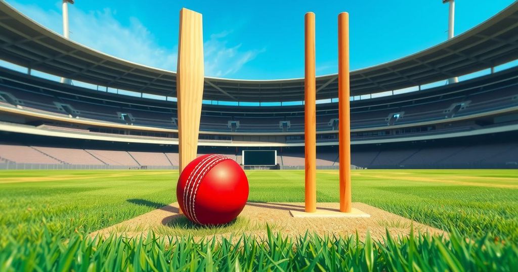 Cricket pitch with stumps and ball, vibrant green grass, in a stadium under blue skies for Test matches.