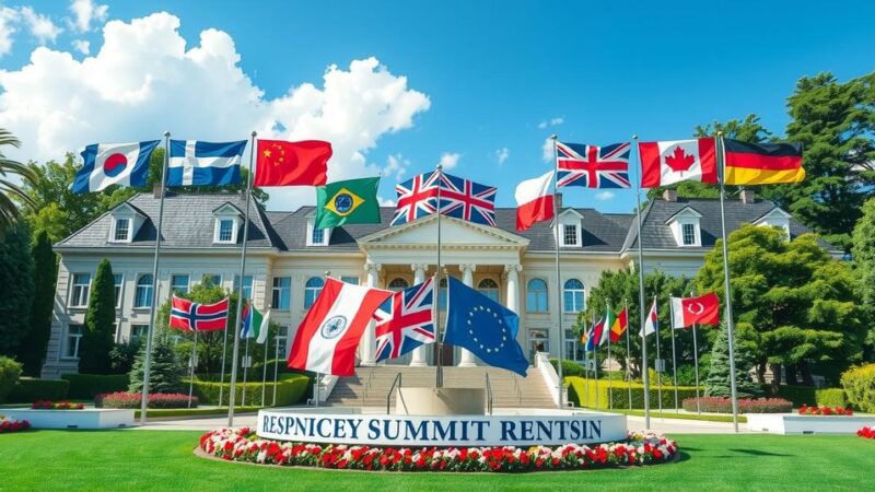 G7 summit scene with flags, diplomatic buildings, and vibrant nature, showcasing international relations and cooperation.