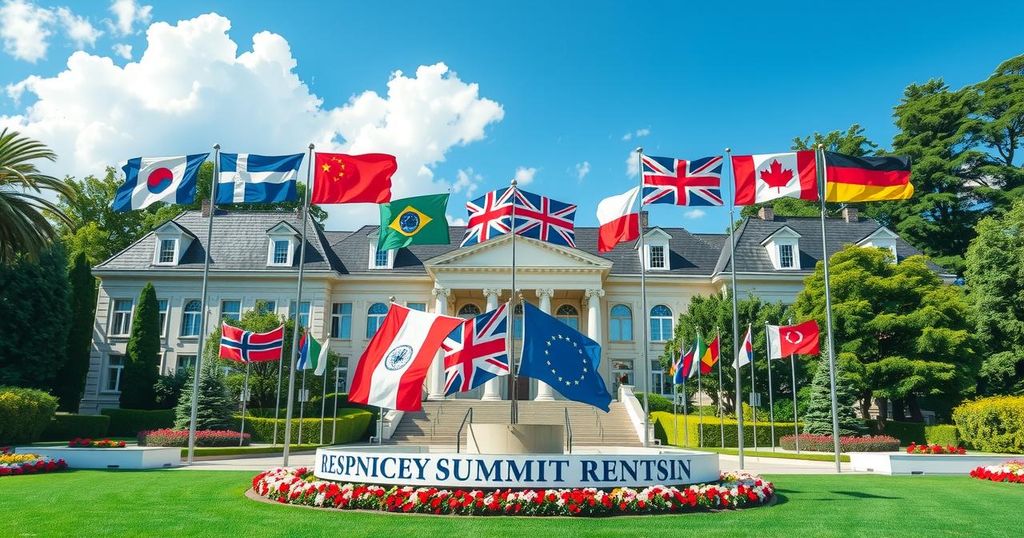 G7 summit scene with flags, diplomatic buildings, and vibrant nature, showcasing international relations and cooperation.