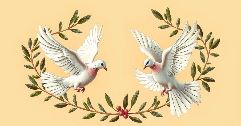 A symbolic representation of diplomacy between nations, featuring olive branches and doves in a warm color palette.