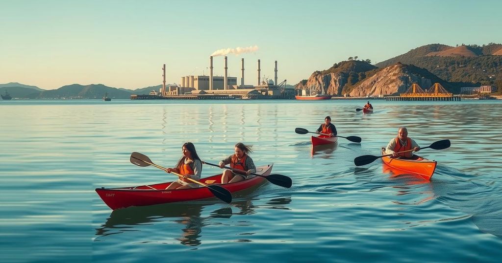 Indigenous leaders kayak in San Francisco Bay, with Chevron refinery in background, advocating to protect Amazon rainforest.