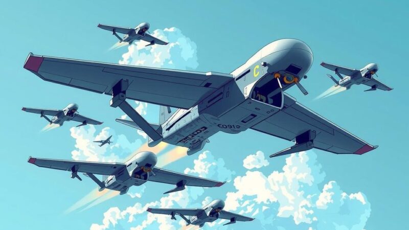 A dramatic scene of military drones in action, showcasing aerial warfare with dynamic colors and modern graphic style.