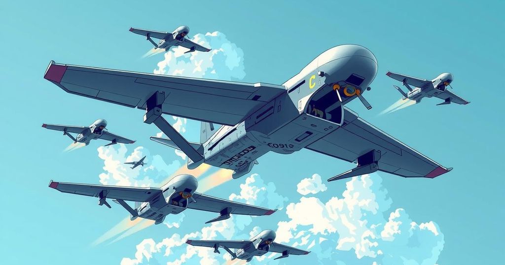 A dramatic scene of military drones in action, showcasing aerial warfare with dynamic colors and modern graphic style.