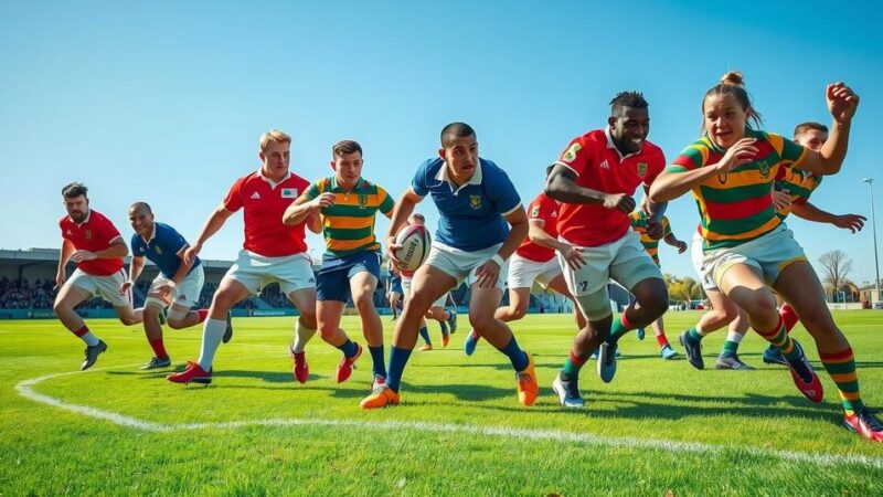 A powerful rugby match scene featuring two teams in action on a lush green field.