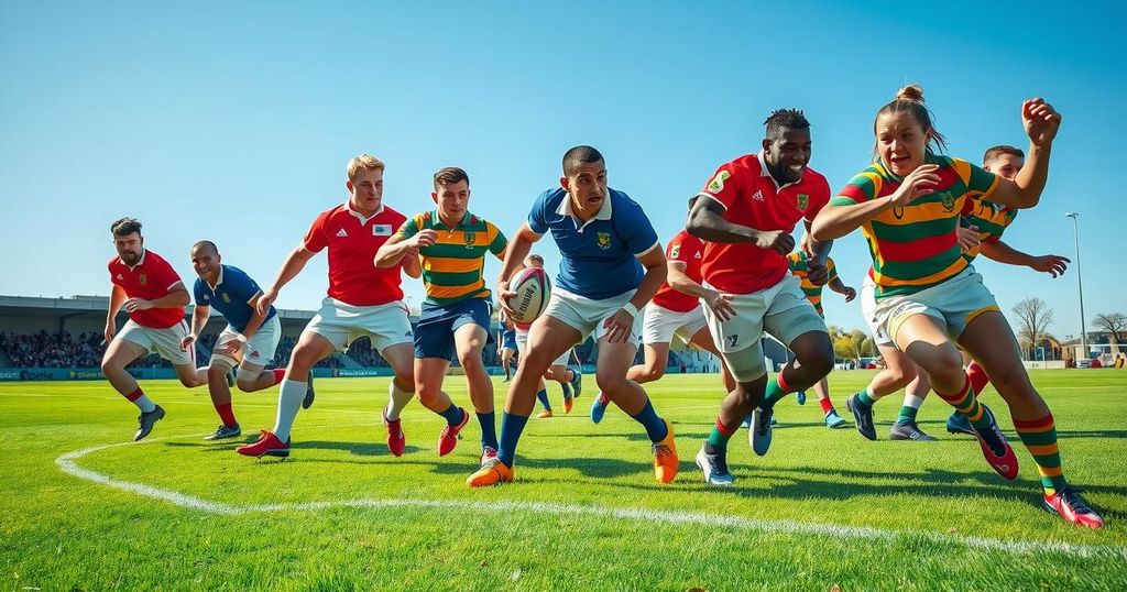 A powerful rugby match scene featuring two teams in action on a lush green field.