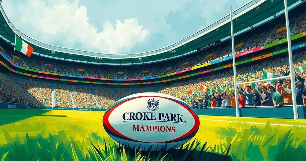 Victory celebration at Croke Park, showcasing rugby excellence with fans cheering in a vibrant atmosphere.