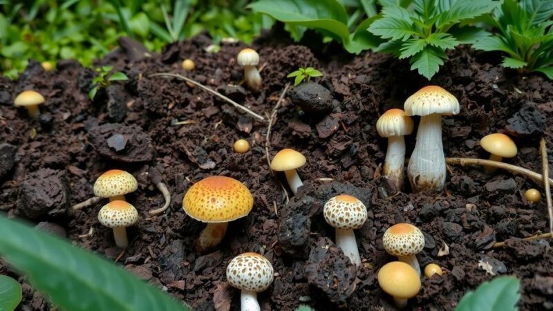 A close-up view of moisture-rich soil with diverse fungi growth, highlighting environmental impact on fungal spread.