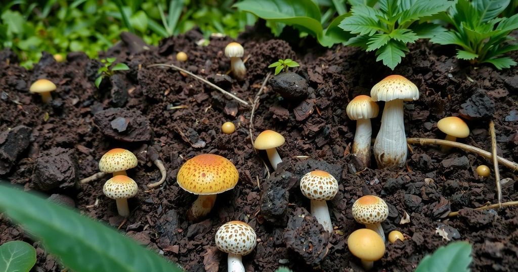 A close-up view of moisture-rich soil with diverse fungi growth, highlighting environmental impact on fungal spread.