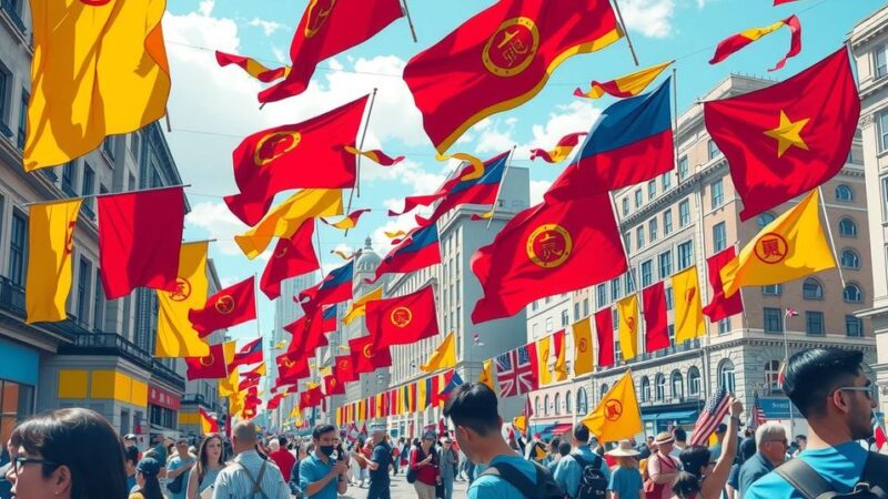 Vibrant public demonstration scene with colorful banners and flags in a bustling city square.