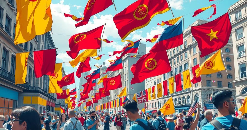Vibrant public demonstration scene with colorful banners and flags in a bustling city square.