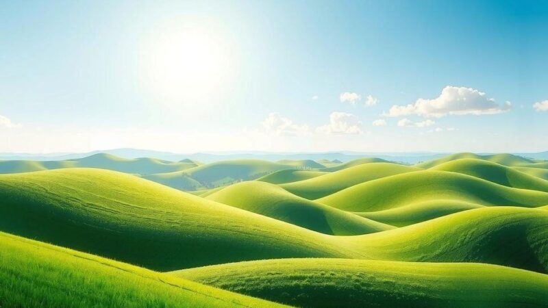 A peaceful landscape symbolizing harmony, with green hills and a bright sky, representing the new hope for Rwanda and Congo.
