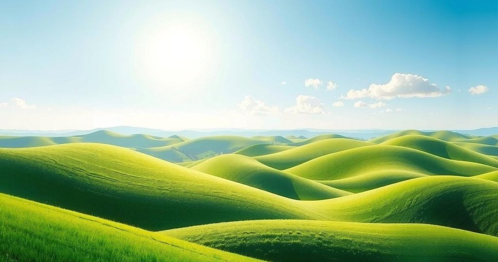 A peaceful landscape symbolizing harmony, with green hills and a bright sky, representing the new hope for Rwanda and Congo.