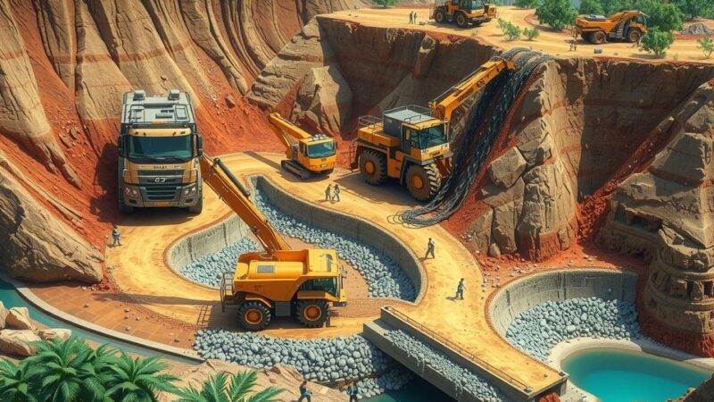 A mining landscape with machinery and minerals, showcasing economic growth in Ghana's mining sector, using earthy tones.