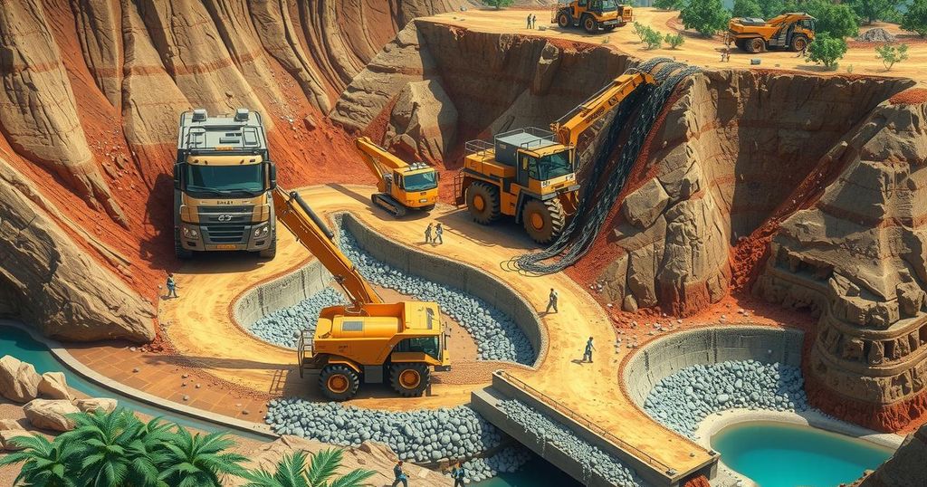A mining landscape with machinery and minerals, showcasing economic growth in Ghana's mining sector, using earthy tones.