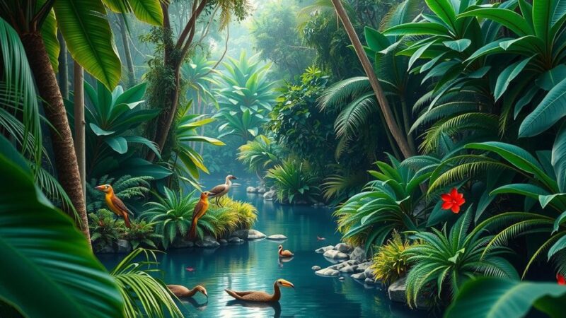 Lush Amazon rainforest with vibrant greenery, wildlife, and river, symbolizing conservation efforts.