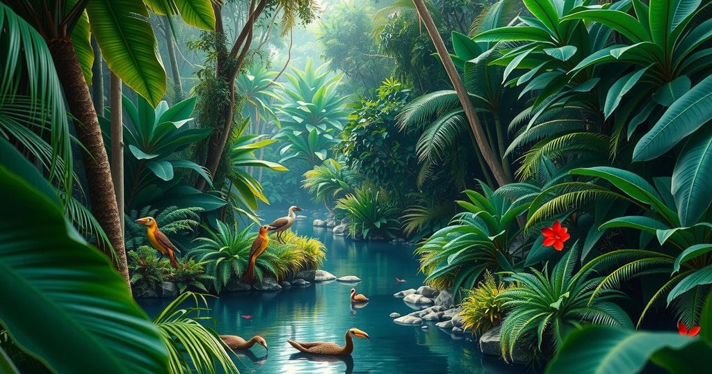 Lush Amazon rainforest with vibrant greenery, wildlife, and river, symbolizing conservation efforts.