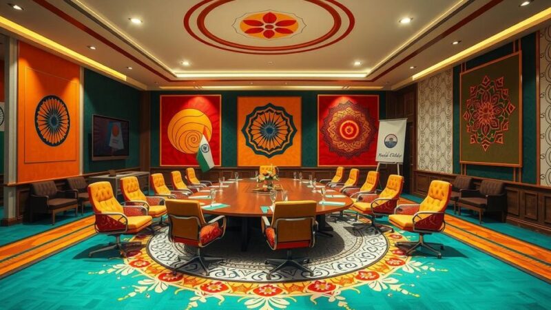 Seven delegations representing India, gathered in a meeting room, symbolizing unity and diplomacy in a global setting.