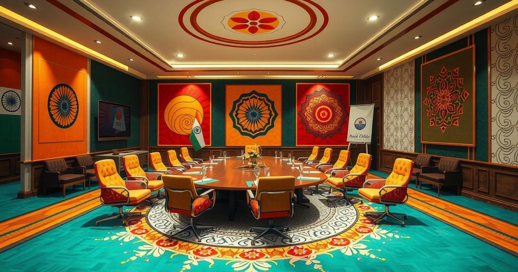 Seven delegations representing India, gathered in a meeting room, symbolizing unity and diplomacy in a global setting.