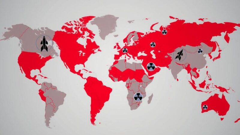 Iran's nuclear tensions illustrated with a geopolitical map, red and gray tones, featuring nuclear icons, stylized in modern art.
