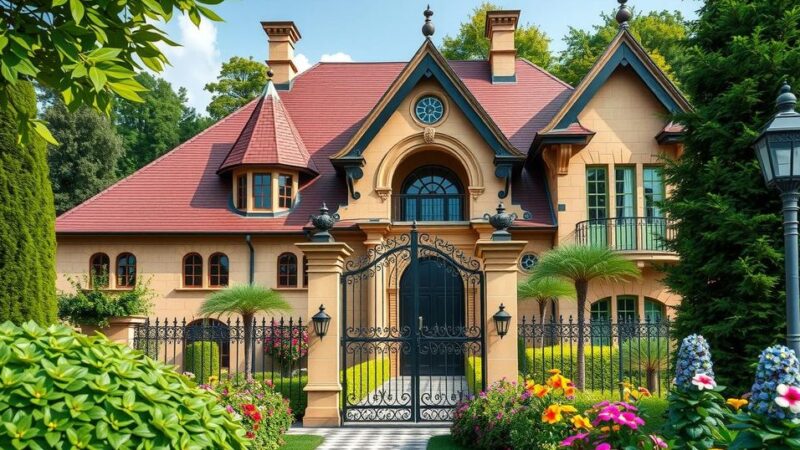 A luxurious gated home with traditional German architecture amidst a vibrant garden, symbolizing China's property revival.