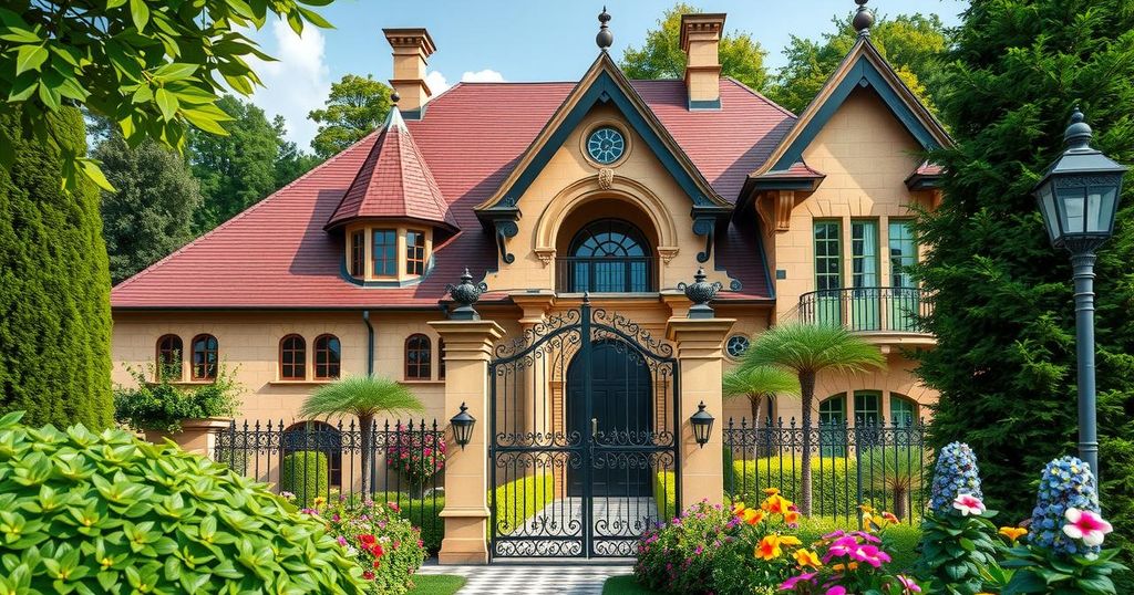 A luxurious gated home with traditional German architecture amidst a vibrant garden, symbolizing China's property revival.